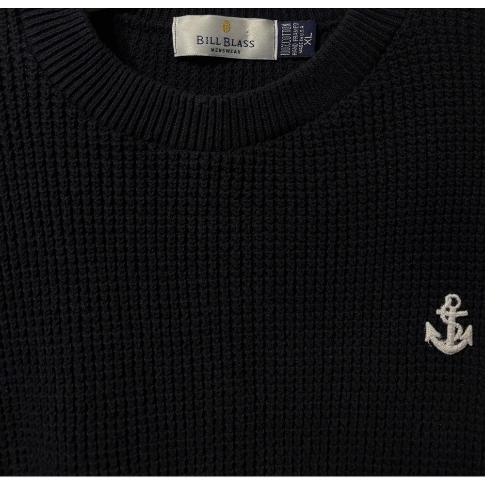 Bill Blass Menswear Navy Blue Cotton Waffle Knit‎ Anchor Sweater XL Made in USA